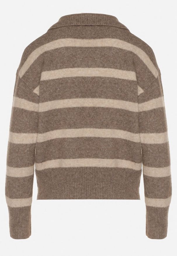 Born2be - Beżowy Sweter w Paski z Wełną i Dekoltem z Kołnierzykiem Tevana. Okazja: na co dzień. Typ kołnierza: dekolt w serek. Kolor: beżowy. Materiał: wełna. Wzór: paski. Styl: casual, klasyczny, elegancki
