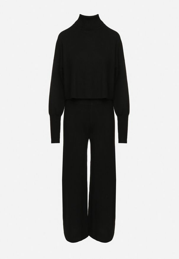 Born2be - Czarny Komplet Dzianinowy z Wiskozą Bluza Golf ze Ściągaczami i Szerokie Spodnie Noridra. Kolor: czarny. Materiał: wiskoza, dzianina