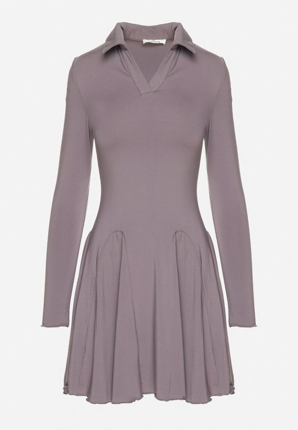 Born2be - Szara Rozkloszowana Sukienka z Wiskozą Ozdobiona Kołnierzykiem Mirettia. Okazja: na co dzień. Kolor: szary. Materiał: wiskoza. Wzór: aplikacja. Typ sukienki: proste, rozkloszowane. Styl: casual