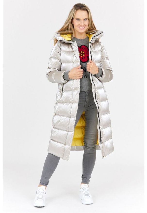 Hetrego - HETREGO Beżowy błyszczący płaszcz damski puchowy z odpinanymi rękawami summer, Rozmiar 36 EU - 40 IT. Kolor: beżowy. Materiał: puch