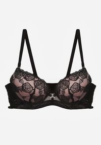 Renee - Czarno-Beżowy Koronkowy Biustonosz w Klasycznym Stylu z Aplikacją Galinassa. Kolor: czarny. Materiał: koronka. Wzór: aplikacja #2