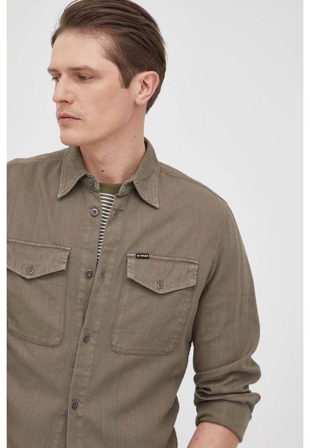 G-Star RAW - G-Star Raw koszula bawełniana męska slim z kołnierzykiem klasycznym. Typ kołnierza: kołnierzyk klasyczny. Kolor: zielony. Materiał: bawełna. Wzór: gładki. Styl: klasyczny