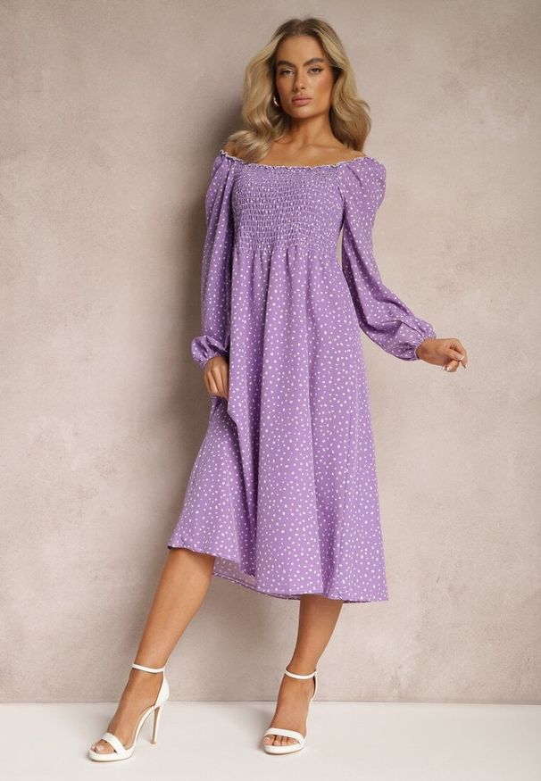 Renee - Fioletowa Midi Sukienka Rozkloszowana w Kropki Gernia. Kolor: fioletowy. Wzór: kropki. Styl: elegancki. Długość: midi