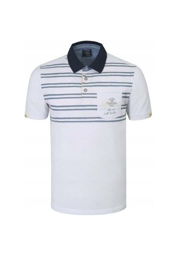 Koszulka Polo - Męska - Pako Jeans - Biała, Paski i Nadruk. Okazja: na co dzień. Typ kołnierza: polo. Kolor: biały. Materiał: bawełna. Wzór: paski, prążki. Styl: casual