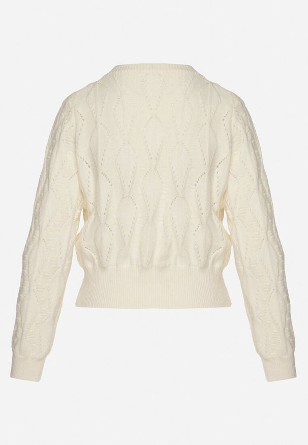 Born2be - Jasnobeżowy Sweter Ozdobiony Tłoczeniem i Kwiatkami Eretina. Okazja: na co dzień. Kolor: beżowy. Materiał: jeans. Wzór: kwiaty, aplikacja. Styl: casual