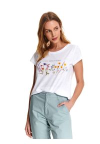 DRYWASH - T-shirt damski z florystycznym printem. Okazja: na co dzień. Kolor: biały. Materiał: bawełna. Wzór: nadruk. Sezon: lato. Styl: casual #1