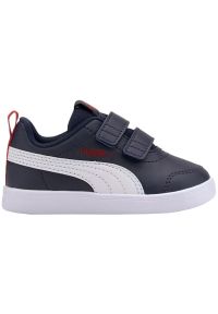 Buty Puma Courtflex v2 V Jr 371544 01 niebieskie. Okazja: na co dzień. Zapięcie: rzepy. Kolor: niebieski. Materiał: skóra, syntetyk, guma, materiał. Szerokość cholewki: normalna. Wzór: paski