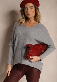 Renee - Szary Sweter z Modalem i Wiskozą Ozdobiony Koronką Zinnorela. Okazja: na spotkanie biznesowe, do pracy. Kolor: szary. Materiał: koronka, wiskoza. Wzór: aplikacja, koronka. Styl: biznesowy, elegancki #5