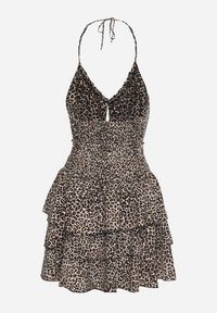 Born2be - Czarno-Biała Sukienka w Cętki Wiązana na Szyi z Falbankami Filanne. Okazja: na co dzień. Typ kołnierza: kołnierz z falbankami. Kolor: czarny. Styl: casual, elegancki #6