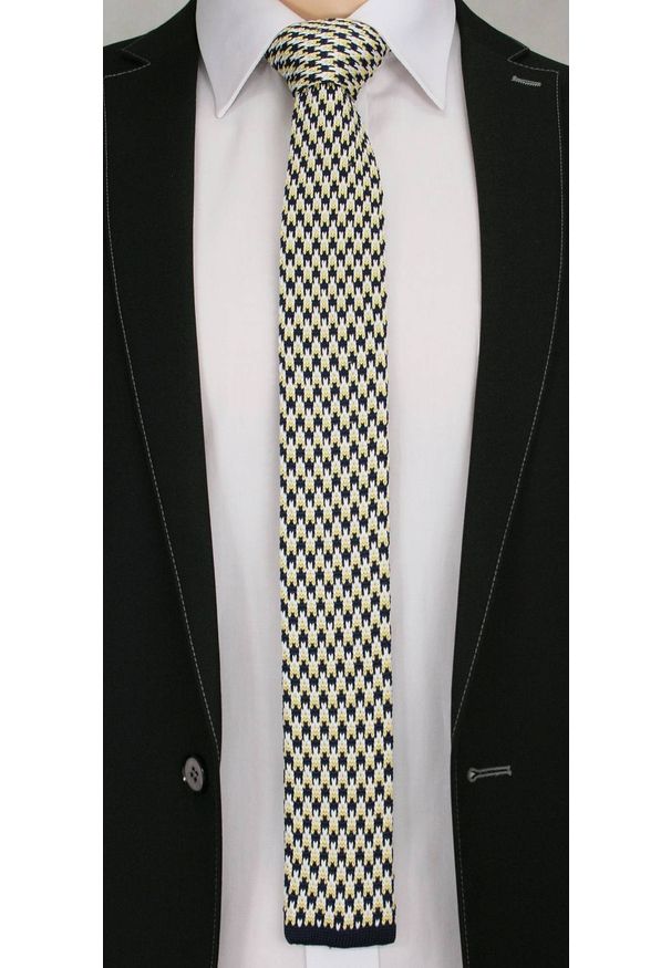 Stylowy, Dziergany Krawat Męski Knit -5,5cm- Chattier, Granatowo-Żółty. Kolor: wielokolorowy. Materiał: poliester. Styl: elegancki