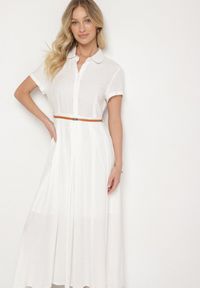 Born2be - Biała Wiskozowa Sukienka o Koszulowym Fasonie z Wąskim Paskiem Fillamea. Kolor: biały. Materiał: wiskoza. Wzór: aplikacja. Typ sukienki: koszulowe. Styl: elegancki #6