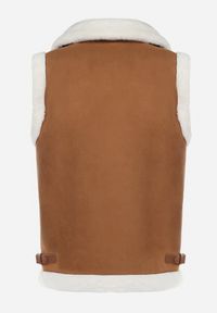 Born2be - Brązowa Kamizelka Bezrękawnik w Stylu Biker z Ekozamszu z Futerkiem Terone. Kolor: brązowy. Materiał: futro. Długość rękawa: bez rękawów. Wzór: aplikacja #4