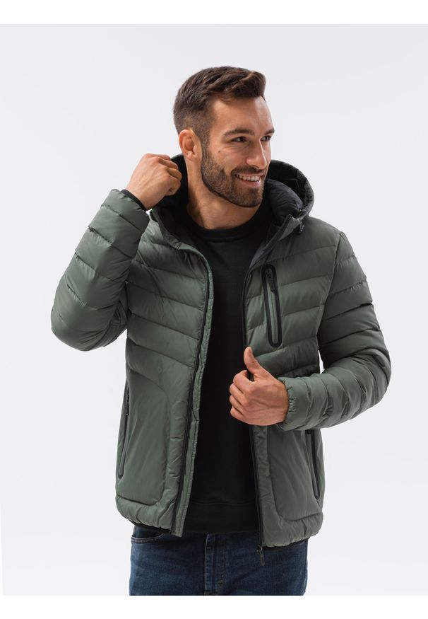 Ombre Clothing - Kurtka męska puchowa pikowana C356 - khaki - XXL. Okazja: na co dzień. Typ kołnierza: kaptur. Kolor: brązowy. Materiał: puch. Styl: casual