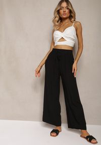 Renee - Czarne Bawełniane Spodnie Palazzo High Waist z Gumką w Pasie Gitanea. Okazja: na co dzień. Stan: podwyższony. Kolor: czarny. Materiał: bawełna. Styl: elegancki, casual #5