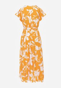 Renee - Pomarańczowa Sukienka z Kopertowym Dekoltem Plisowanym Dołem Wykończona w Talii Paskiem i Gumką Elsavia. Okazja: na imprezę, na co dzień. Kolor: pomarańczowy. Materiał: len. Długość rękawa: krótki rękaw. Sezon: lato. Typ sukienki: kopertowe. Styl: wizytowy, casual, elegancki #5