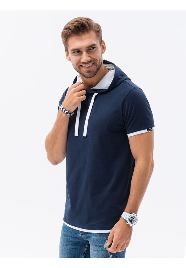 Ombre Clothing - T-shirt męski z kapturem bez nadruku S1376 - granatowy - XXL. Okazja: na co dzień. Typ kołnierza: kaptur. Kolor: niebieski. Materiał: jersey, dzianina, bawełna. Styl: casual, klasyczny