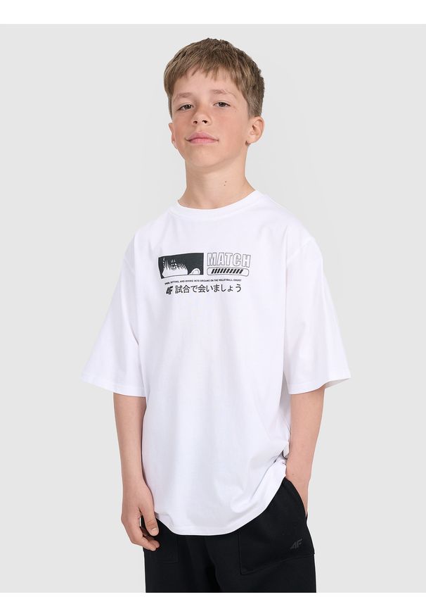4f - 4F T-shirt oversize z nadrukiem chłopięcy - biały 146 (10-11 lat). Okazja: na co dzień. Kolor: biały. Materiał: jersey, bawełna, tkanina, materiał. Wzór: nadruk. Sezon: lato. Styl: sportowy, klasyczny, casual