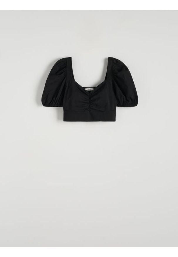 Reserved - Bluzka z bufkami - czarny. Kolor: czarny. Materiał: dzianina. Długość: krótkie