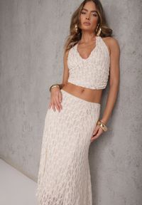 Renee - Beżowy Komplet z Koronki Spódnica i Top z Wiązaniem na Szyi Dainetia. Kolor: beżowy. Materiał: koronka. Wzór: koronka #1