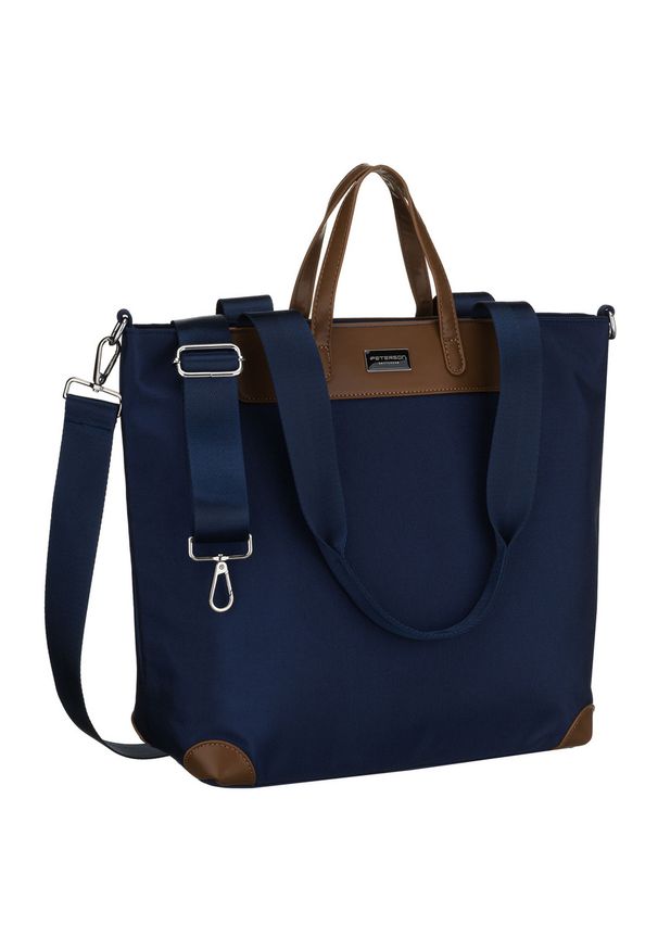 Duża, granatowa shopperka damska, jednokomorowa, zawieszona na uchwytach i doczepianym pasku Peterson PTN CTY-16. Kolor: niebieski. Materiał: skórzane