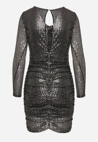 Born2be - Czarno-Srebrna Cekinowa Sukienka z Marszczeniem Nerli. Kolor: srebrny. Wzór: aplikacja. Długość: mini #4