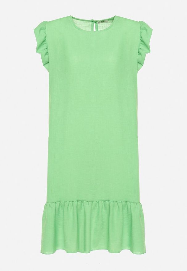 Born2be - Jasnozielona Rozkloszowana Sukienka z Falbanką na Dole i przy Rękawach Biojara. Okazja: na co dzień. Typ kołnierza: kołnierz z falbankami. Kolor: zielony. Długość rękawa: krótki rękaw. Typ sukienki: proste. Styl: casual