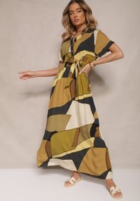 Renee - Zielona Wiskozowa Sukienka Koszulowa z Paskiem w Geometryczny Print Falintia. Okazja: na co dzień. Typ kołnierza: dekolt w kształcie V. Kolor: zielony. Materiał: wiskoza. Długość rękawa: krótki rękaw. Wzór: geometria, nadruk. Typ sukienki: koszulowe. Styl: klasyczny, casual