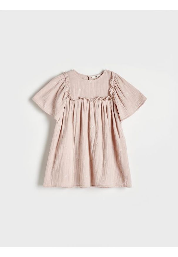 Reserved - Muślinowa sukienka z haftem - brudny róż. Kolor: różowy. Materiał: bawełna. Wzór: haft