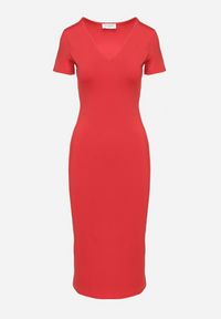 Born2be - Czerwona Sukienka Dopasowana Bodycon z Dekoltem w Serek Efricene. Okazja: na co dzień. Typ kołnierza: dekolt w serek. Kolor: czerwony. Materiał: jeans. Długość rękawa: krótki rękaw. Typ sukienki: bodycon. Styl: casual, klasyczny #4