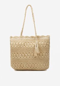 Born2be - Jasnobeżowa Torebka Shopperka w Stylu Boho na Suwak Eovale. Kolor: beżowy. Wzór: ze splotem. Styl: boho #3