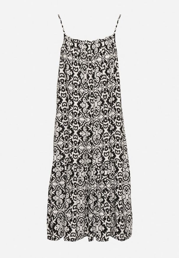 Born2be - Czarna Rozkloszowana Sukienka na Ramiączkach z Bawełny w Ornamentalny Wzór Valpio. Okazja: na spacer. Typ kołnierza: dekolt kwadratowy. Kolor: czarny. Materiał: bawełna. Długość rękawa: na ramiączkach