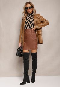Renee - Brązowa Spódnica z Ekoskóry z Ozdobnie Marszczoną Talią Selja. Okazja: na co dzień. Kolor: brązowy. Styl: casual, klasyczny, elegancki #5