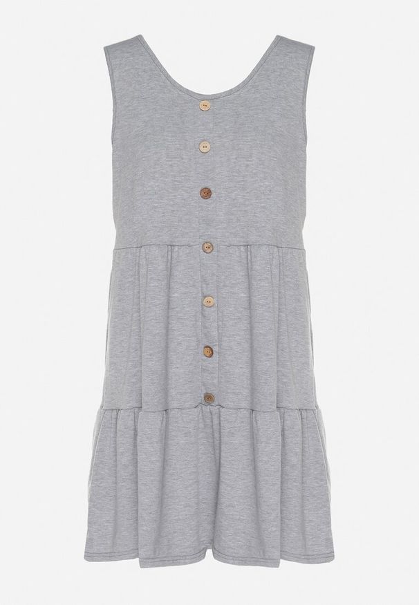 Born2be - Szara Sukienka o Rozkloszowanym Kroju na Szerokich Ramiączkach z Guzikami Saniella. Okazja: na co dzień. Kolor: szary. Długość rękawa: na ramiączkach. Typ sukienki: rozkloszowane. Styl: casual, elegancki, klasyczny