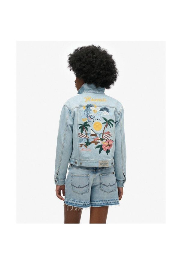 Superdry - Kurtka jeansowa ozdobiona. Kolor: szary. Materiał: jeans. Długość rękawa: długi rękaw. Wzór: aplikacja