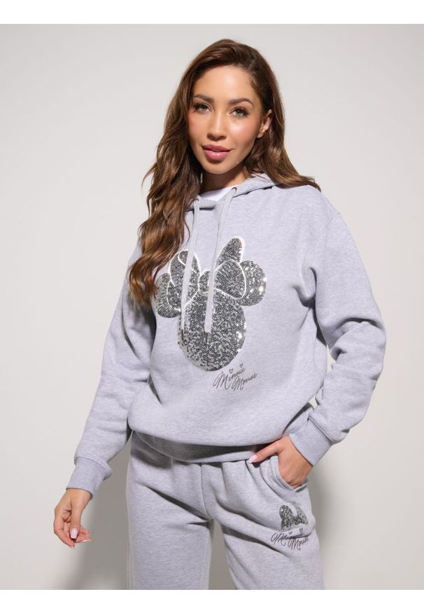 Sinsay - Bluza hoodie z ozdobnymi cekinami Minnie Mouse - szary. Kolor: szary. Wzór: motyw z bajki