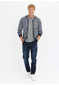 bonprix - Sweter rozpinany z kapturem, z czystej bawełny. Typ kołnierza: kaptur. Kolor: niebieski. Materiał: bawełna, materiał. Wzór: aplikacja