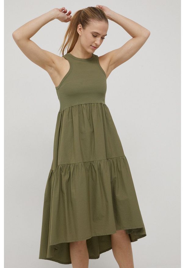 Deha sukienka kolor zielony midi rozkloszowana. Kolor: zielony. Materiał: materiał. Typ sukienki: rozkloszowane. Długość: midi