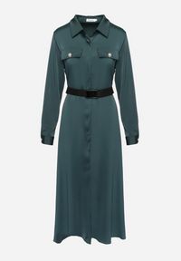 Born2be - Zielona Sukienka Szmizjerka z Satyny Ozdobiona Paskiem i Imitacjami Kieszeni Vamilea. Okazja: na co dzień. Kolor: zielony. Materiał: satyna. Wzór: aplikacja. Typ sukienki: szmizjerki. Styl: casual, elegancki, klasyczny #4