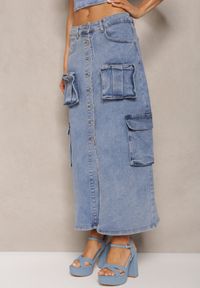 Renee - Niebieska Casualowa Jeansowa Spódnica High Waist Ozdobiona z Przodu Guzikami i Kieszeniami z Klapami Teriara. Okazja: na co dzień. Stan: podwyższony. Kolor: niebieski. Materiał: jeans. Wzór: aplikacja. Styl: casual #5