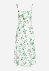 Born2be - Biało-Zielona Taliowana Sukienka w Kwiaty Ozdobiona Wiązaniem Firavire. Okazja: na co dzień. Kolor: zielony. Wzór: aplikacja, kwiaty. Sezon: wiosna, lato. Typ sukienki: sportowe. Styl: casual, sportowy #3