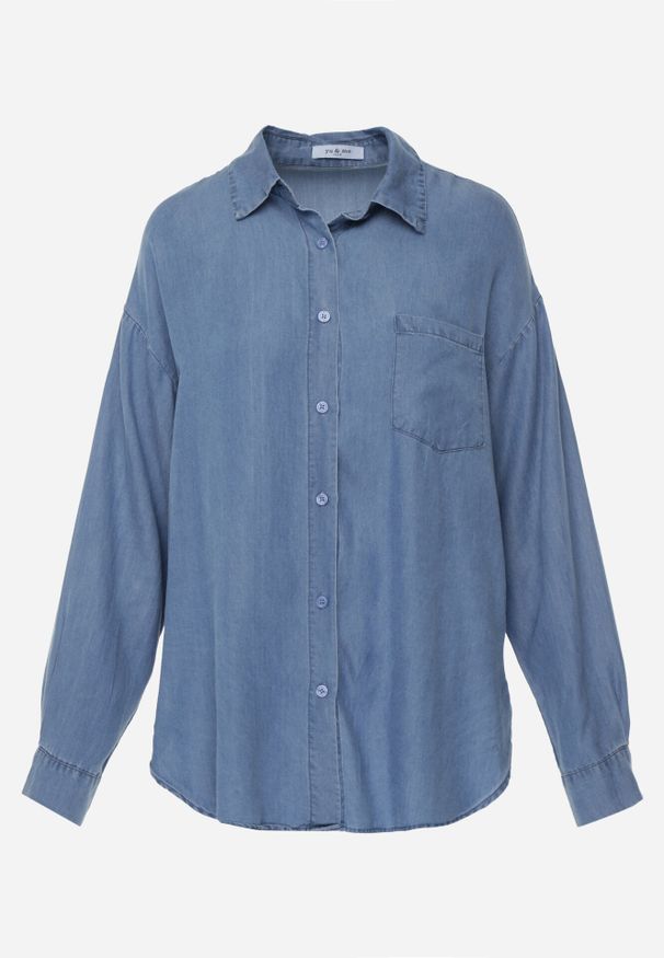 Born2be - Niebieska Koszula Jeansowa z Bawełną Ozdobiona Kieszonką Koreti. Okazja: na co dzień. Kolor: niebieski. Materiał: jeans, bawełna. Wzór: aplikacja. Styl: casual, klasyczny, elegancki