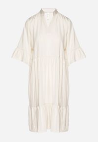 Born2be - Beżowa Sukienka Rozkloszowana z Wiskozą Ozdobiona Falbanami Eviriane. Okazja: na co dzień. Typ kołnierza: dekolt w serek. Kolor: beżowy. Materiał: wiskoza. Wzór: aplikacja. Typ sukienki: proste. Styl: casual #3