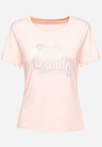 Born2be - Jasnoróżowy T-shirt z Napisem i Cyrkoniami Fareia. Kolor: różowy. Wzór: napisy. Styl: klasyczny