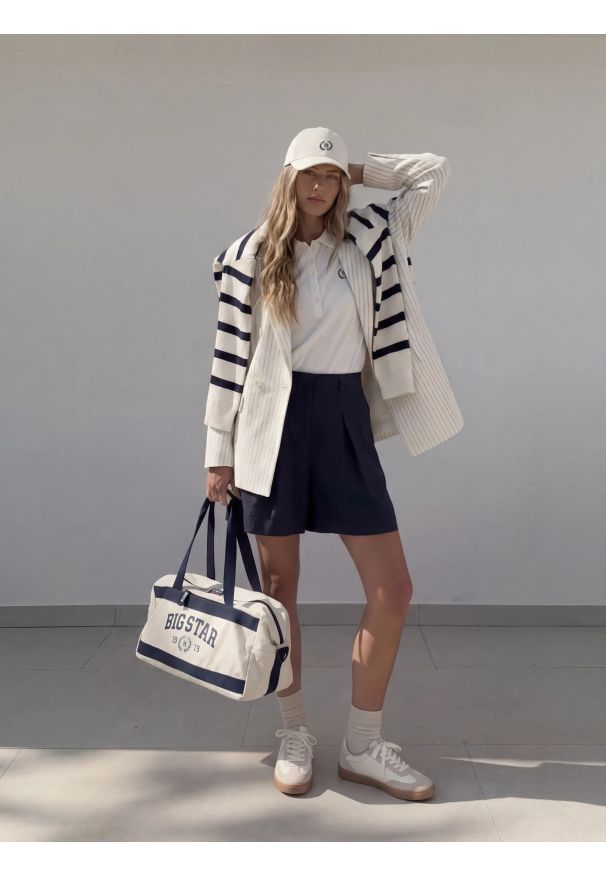 Big-Star - Marynarka damska lniana w prążek kremowa Kinnia 102. Kolor: kremowy. Materiał: len. Wzór: prążki