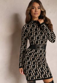 Renee - Czarna Mini Sweterkowa Sukienka o Dopasowanym Fasonie z Geometrycznym Wzorem Minametta. Kolor: czarny. Materiał: bawełna. Wzór: geometria. Sezon: jesień, zima. Długość: mini #4