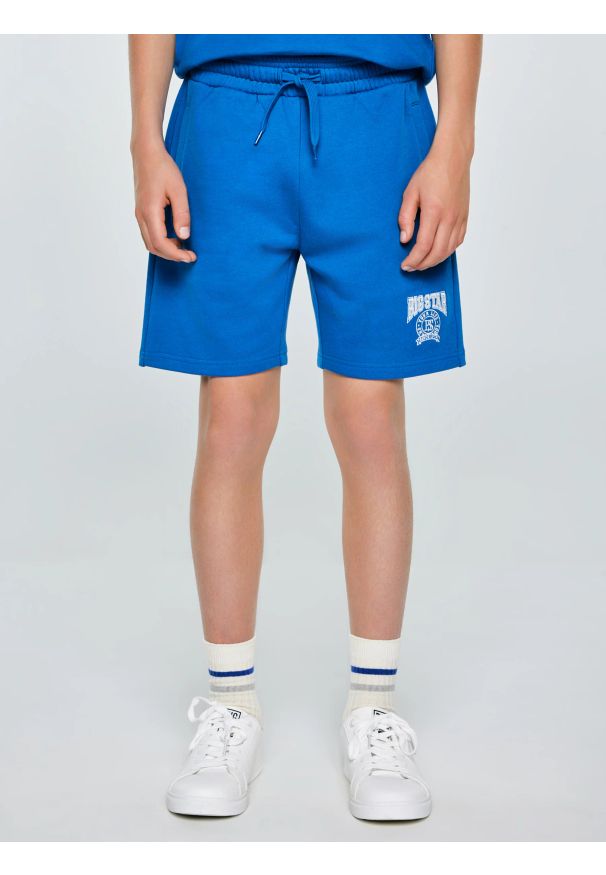 Big-Star - Szorty chłopięce dresowe ciemnoniebieskie Baron 402. Okazja: na co dzień. Kolor: niebieski. Materiał: dresówka. Wzór: nadruk, aplikacja. Styl: sportowy, casual, młodzieżowy