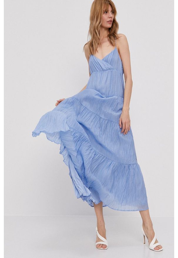 Pepe Jeans - Sukienka Anae. Kolor: niebieski. Materiał: tkanina. Długość rękawa: na ramiączkach. Typ sukienki: rozkloszowane