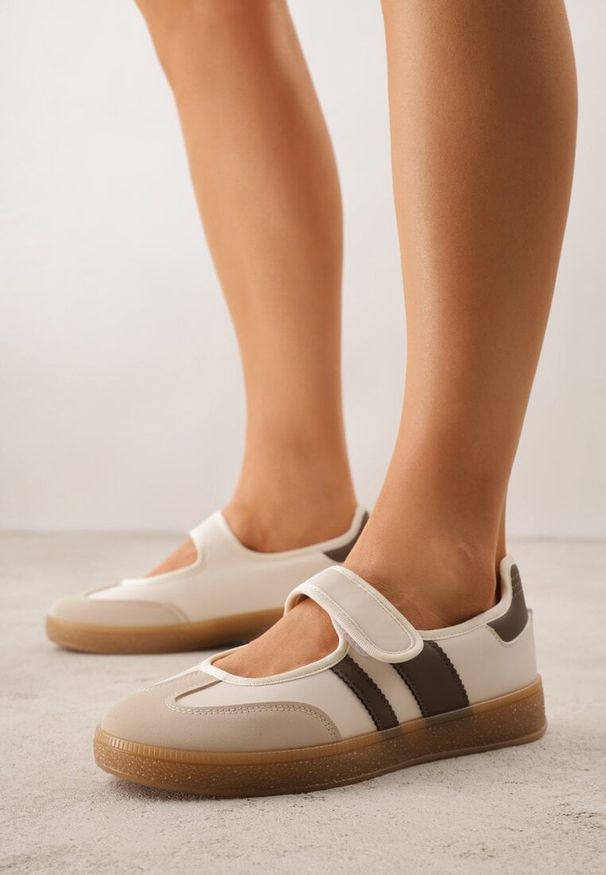 Renee - Beżowe Tenisówki Sneakeriny z Paskiem na Rzep Pirel. Okazja: na co dzień. Zapięcie: rzepy. Kolor: beżowy. Materiał: jeans, koronka. Wzór: gładki. Styl: casual, elegancki, sportowy