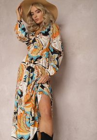 Renee - Beżowa Kopertowa Sukienka Maxi w Fantazyjny Nadruk Leanda. Kolor: beżowy. Wzór: nadruk. Typ sukienki: kopertowe. Długość: maxi