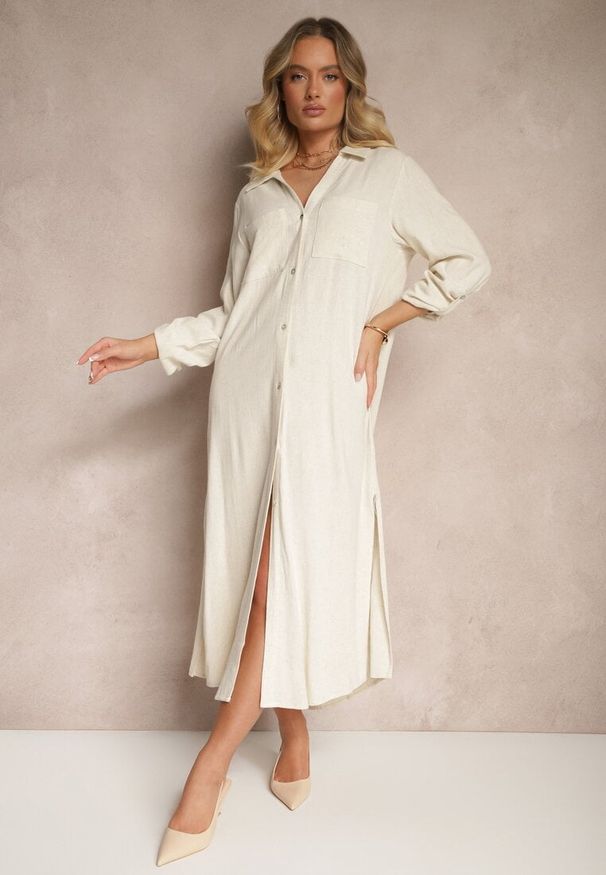 Renee - Beżowa Sukienka Koszulowa z Wiskozą Lnem i Regulacją przy Rękawach Florvezia. Okazja: na co dzień. Typ kołnierza: kołnierzyk klasyczny. Kolor: beżowy. Materiał: wiskoza, len. Sezon: wiosna, lato. Typ sukienki: koszulowe. Styl: casual, elegancki, klasyczny